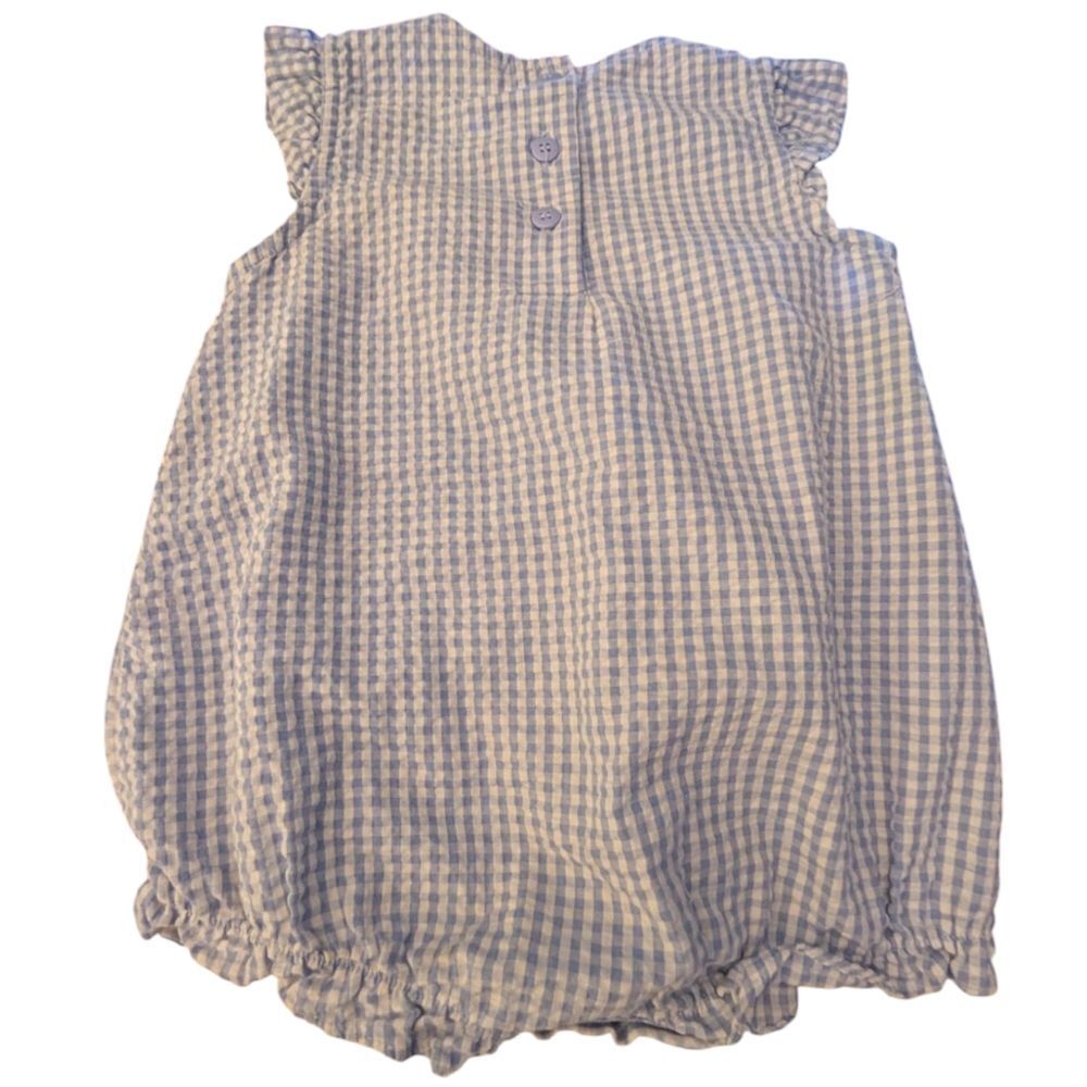 Infant Girls Vintage Blue Seersucker Embroidered Caterpillar Bubble Romper - Picture 6 of 6